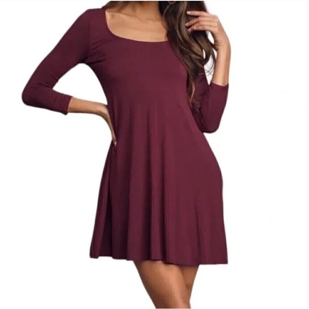 Lulu's Twirl Power Wine Red Jersey Knit 3/4 Sleeve Scoop Neck Shift Dress Sz XS